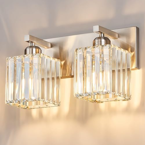 Modern Vanity Light 2-Lights Brushed Nickel Vanity Light Crystal Bathroom Wall Light Bathroom Light Fixtures