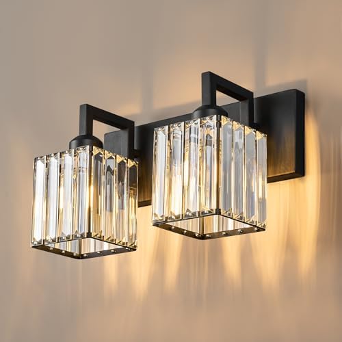 Modern Bathroom Vanity Light 2-Lights Black Crystal Bathroom Wall Light Vanity Light Fixtures