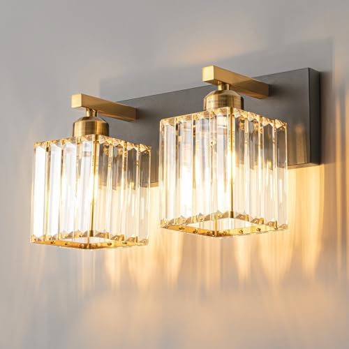 Modern Bathroom Vanity Light 2-Lights Black Gold Crystal Bathroom Wall Light Vanity Light Fixtures,12.59-inch Modern Minimalist Design