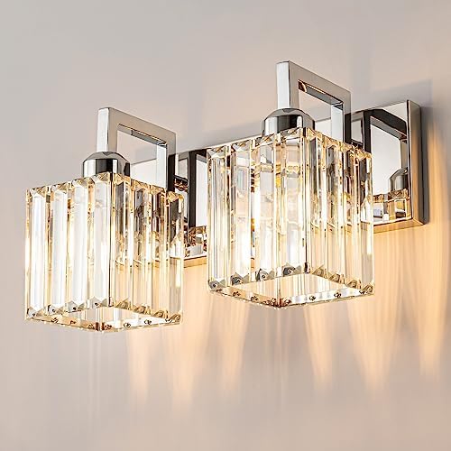 Modern Bathroom Vanity Light 2-Lights Chrome Crystal Wall Lamp Bathroom Modern Crystal Vanity Lighting