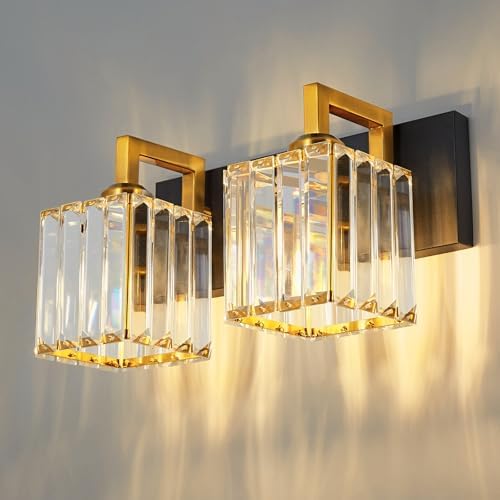 Modern Bathroom Vanity Light 2-Lights Black Gold Crystal Wall Lamp Bathroom Modern Crystal Vanity Lighting