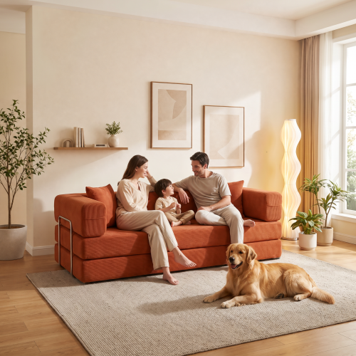Double sofa, sofa bed, multifunctional compression sofa, wide body sofa, pure sponge sofa, fine striped Corduroy fabric sofa - Orange - Foam,Metal