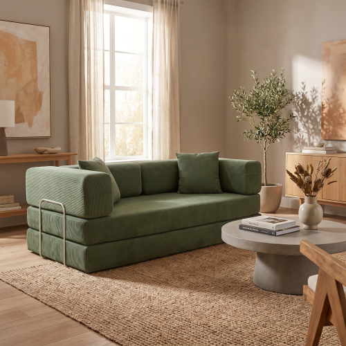 Compression Sofa Bed,  Convertible Floor Sofa with Pillow Back & Armrest, Boneless Modular for Living Room Bedroom - Green - Foam,Metal