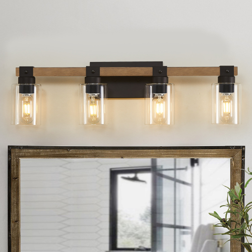 4-Light Farmhouse Vanity Light, Antique Brown/Black Glass, Metal & Wood