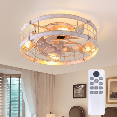 20.1" Farmhouse Caged Ceiling Fan with Lights, Flush Mount Low Profile Ceiling Fan with Remote, 6-Speed, Dimmable 3000-6500K LED Light for Bedroom Living Room, White - ABS,Iron - Foam - Farmhouse,Modern - 1000lm-5000lm - 3100K-4200K(Neutral White) - LED Lighting