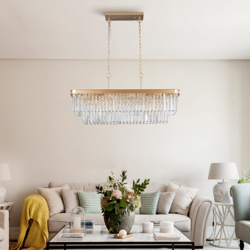 Gold Rectangular Iron Crystal Chandelier, 33.5-Inch Adjustable Light