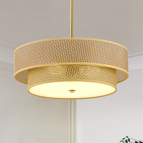 17.7-Inch Gold Iron Woven Drum Semi-Flush Mount Ceiling Light