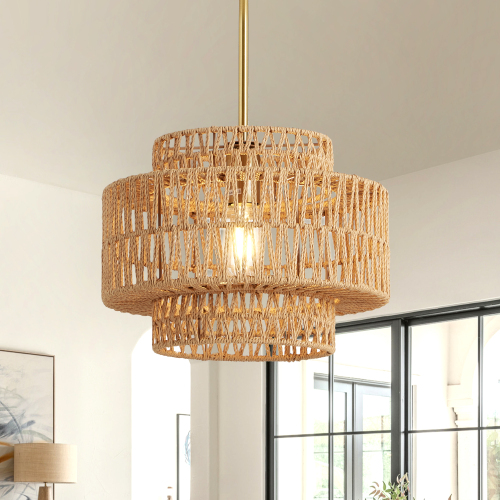 12.6-Inch Brown Iron 1-Light Boho Rattan Pendant Chandelier