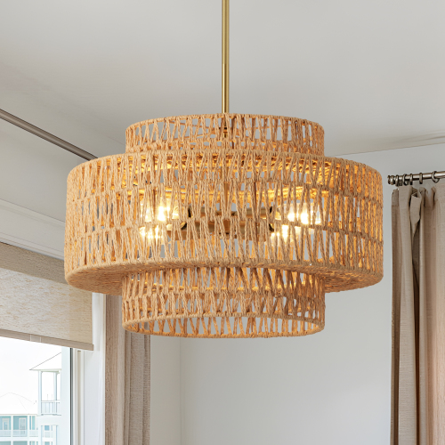 17.7-Inch Brown 4-Light Boho Rattan Chandelier with Iron Frame