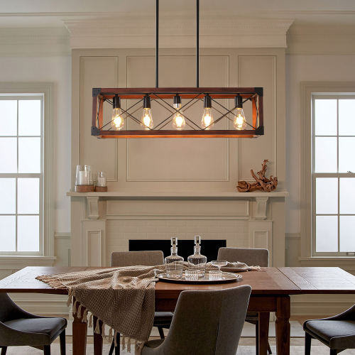 32-Inch Black and Red Iron 5-Light Rectangular Pendant Chandelier