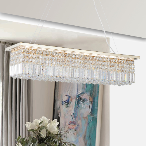 8-Light Gold Crystal Chandelier, Iron Rectangle, 39.4 x 9.8 in