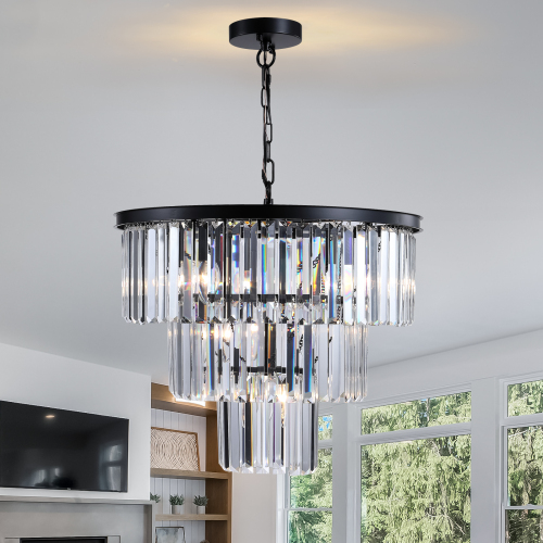 20-Inch 7-Light Crystal Chandelier, Black Iron Pendant for Dining