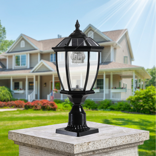 20.1-Inch Black Aluminum Solar LED Lantern with Vintage Glass Design