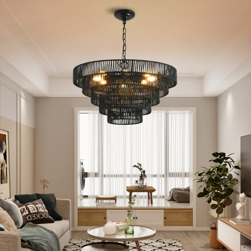 24-Inch Black Iron 5-Tier Pendant Chandelier with 8 E12 Sockets