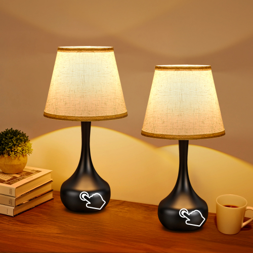 Black Iron 3-Way Dimmable Bedside Lamps, Set of 2 with LED Bulbs
