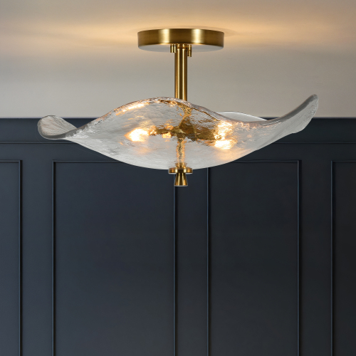16.5-Inch Gold Iron 2-Light Glass Semi-Flush Mount Ceiling Fixture