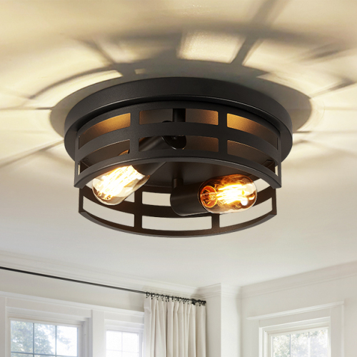 11-Inch Black Iron 2-Light Flush Mount Ceiling Lights, Set of 2