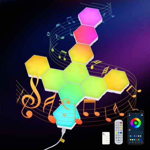 10-Pack RGB LED Hexagon Wall Panels, White Acrylic, 4.5 x 3.9 In.