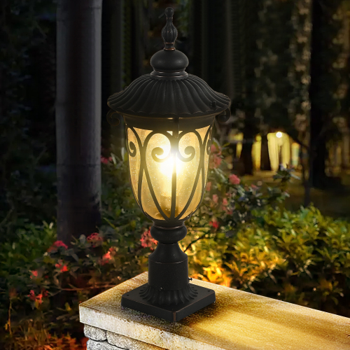 24-Inch Vintage Black Aluminum Post Lantern with Bubble Glass
