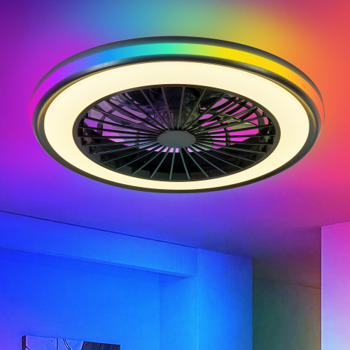 Black 20-Inch Iron LED Ceiling Light with RGB Fan for Living Rooms