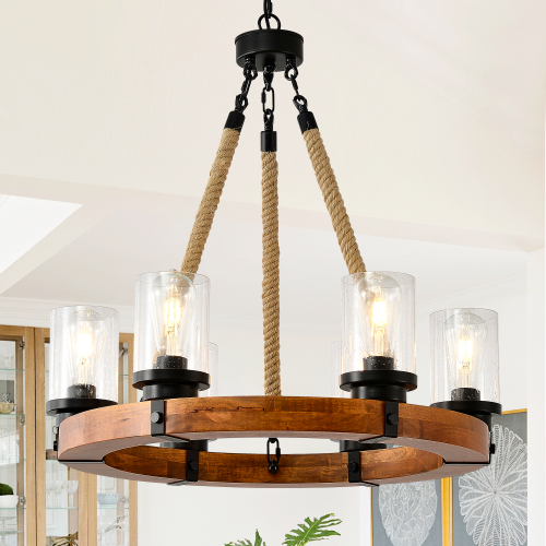 23.62-Inch Matte Black and Wood 6-Light Wagon Wheel Pendant