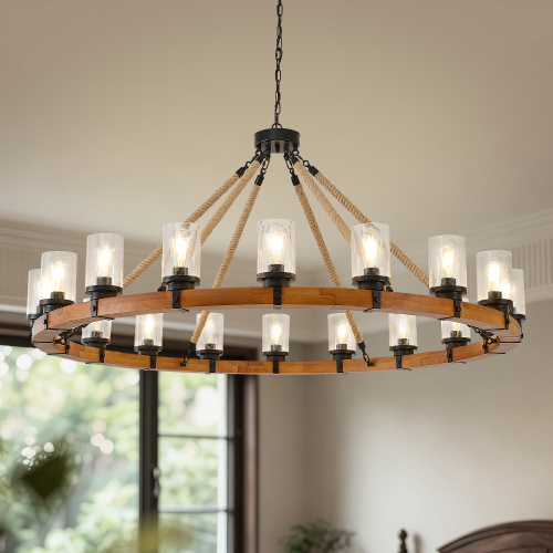 18-Light 59-Inch Matte Black Wood Wagon Wheel Chandelier with Seeded Glass