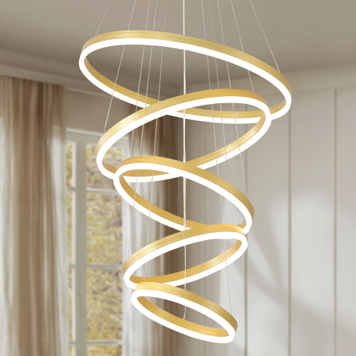 Modern Gold 5-Ring LED Chandelier with Remote, Acrylic and Aluminum