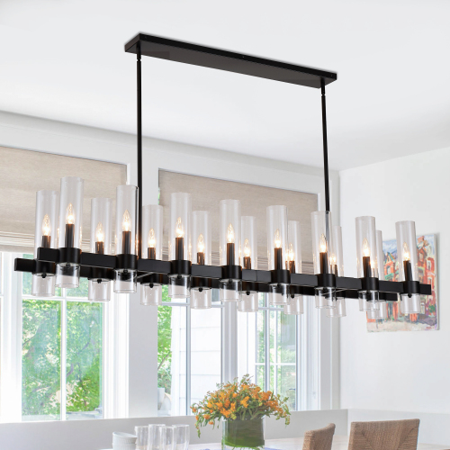 63-Inch Matte Black and Wood 16-Light Linear Glass Chandelier