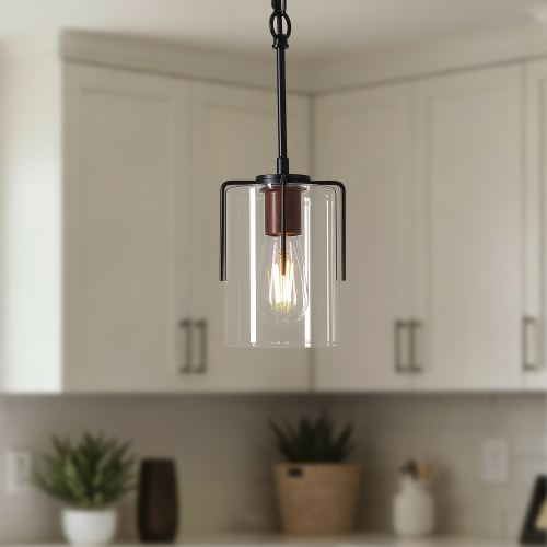 Black Metal & Clear Glass 1-Light Pendant, 5.12-Inch Wide