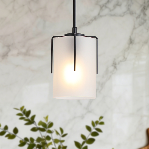 Adjustable 1-Light Pendant with White Frosted Glass & Black Metal, 5.12-in