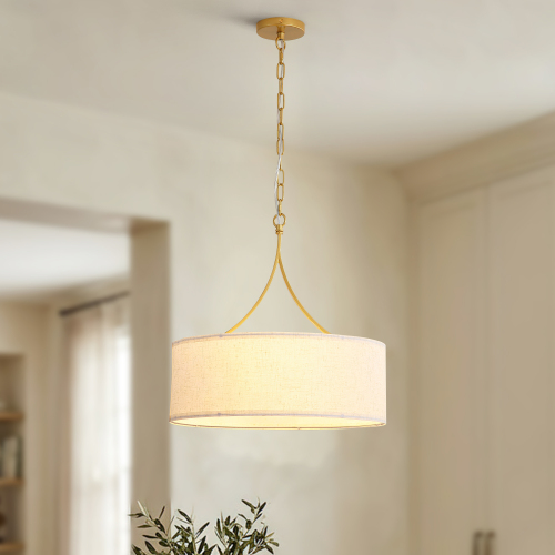 3-Light Gold Metal and Beige Fabric Drum Pendant, 19.69-Inch Wide