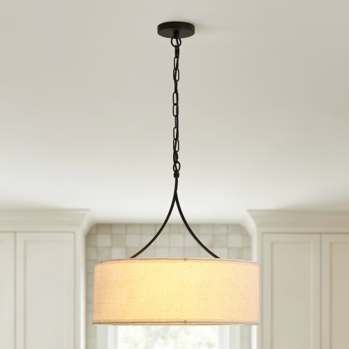 3-Light Black and Beige Fabric Pendant, 19.69-Inch Shade with Metal