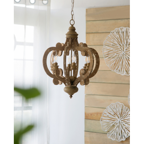 20.5-Inch Beige Brown Wood Farmhouse 6-Light Pendant Chandelier