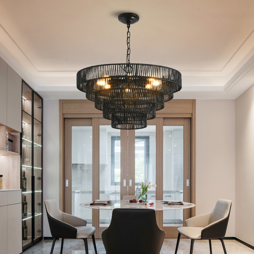 24-Inch Rustic 5-Tier Black Iron and Rope 8-Light Pendant Chandelier