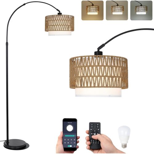 72.8-Inch Brown and Black Rattan Metal Arc Floor Lamp with Remote