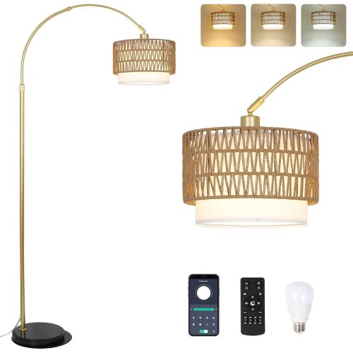 72.8-Inch Brown and Gold Rattan and Metal Arc Floor Lamp with Shade