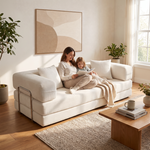 Double sofa, sofa bed, multifunctional compression sofa, wide body sofa, pure sponge sofa, fine striped Corduroy fabric sofa - Ancient White - Foam,Metal