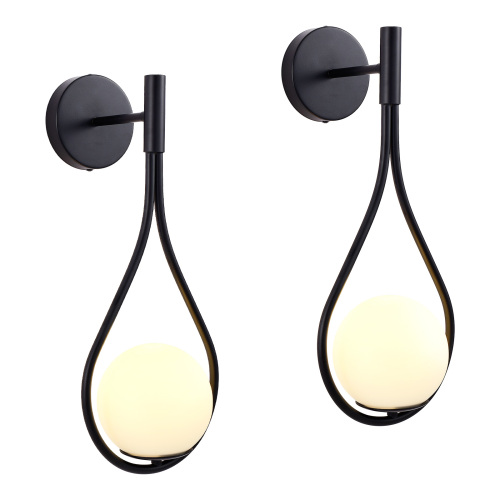 Set of 2 19-Inch Modern Black Iron Wall Sconces with Opal Globes
