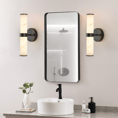 Set of 2 Black Iron Wall Lights with Marble-Look Resin, 13.8 Inch