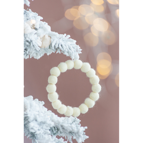 Set of 6 Cream Wool Ball Wreath Christmas Ornaments, 6.7-Inch