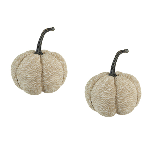 Set of 2 Beige Multi Fabric Pumpkins, 6.7 x 6.7 x 7.8 in, Polyester