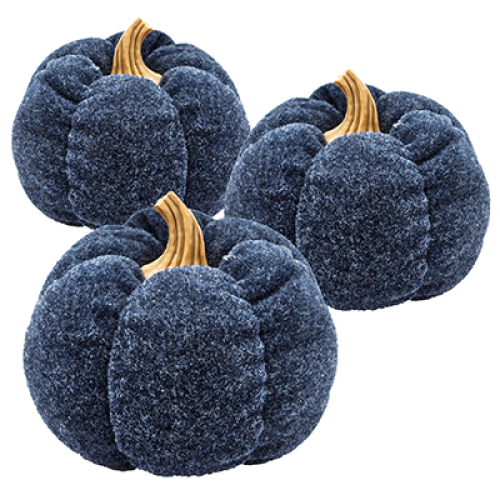 Set of 3 Blue Polyester Pumpkin Ornaments, 7.5 x 7.5 x 5.7 in