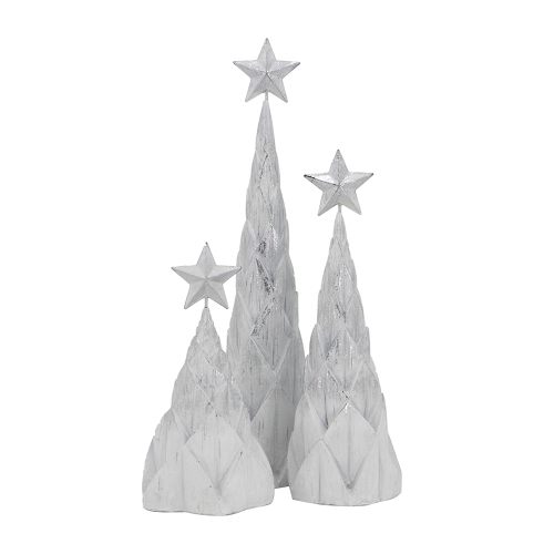 Set of 3 Silver Foil Polyresin Christmas Trees with Star Tops, 16/12/8.8 in