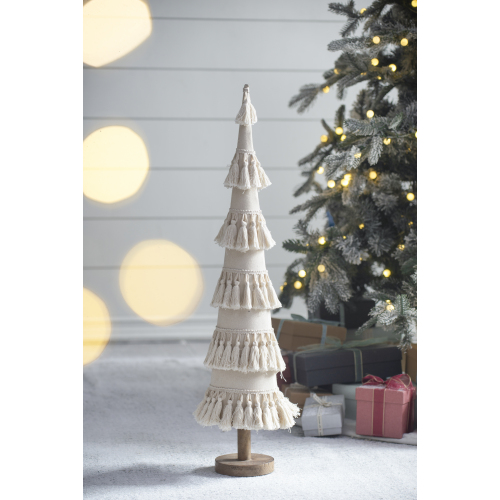 Cream Iron Fringed Decorative Cone with Wood Base, 5.3 x 22-Inch