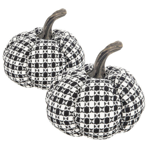 Set of 2 Black and White Plaid Polyester Pumpkins, 7 x 7 x 6.7 in