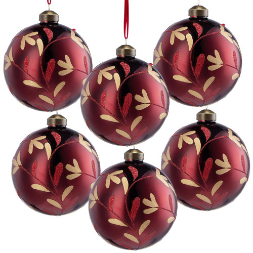 Set of 6 Red Glass Christmas Ball Ornaments, 3.9-Inch Diameter