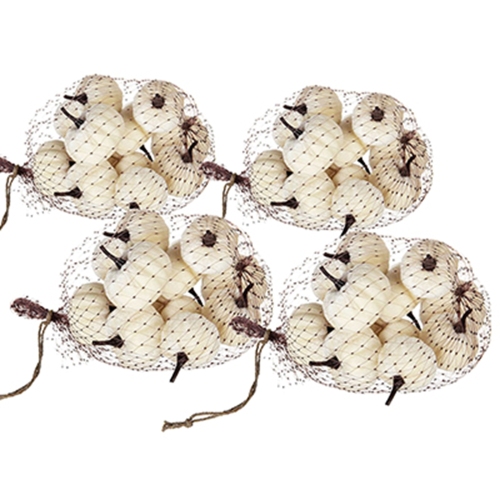 Set of 4 White 2-Inch Velvety Fabric Pumpkins in a Mesh Bag
