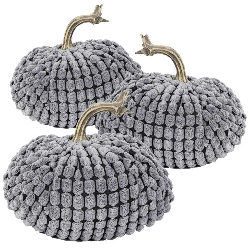 Set of 3 Gray Chenille Weighted Pumpkins, 5.5 x 5.5 x 5 in, Polyester