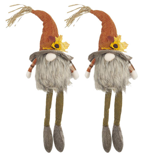 2 Polyester Sitting Gnomes, Orange Multi, Maple Leaf Hats, 5.5x3.5x20.5 in
