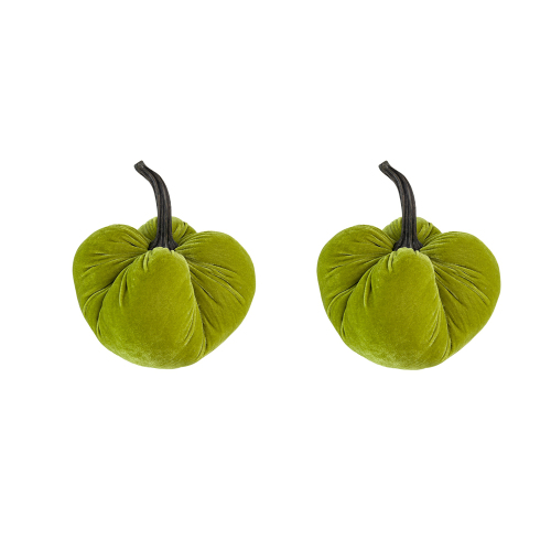 Set of 2 Apple Green Velvet Pumpkins, 8.5 x 8.5 x 10 in, Polyester